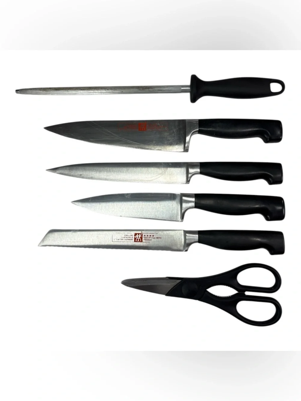Zwilling J.A. Henckels 7 Pc Knife Block Set Black Handles Sharpener Chef Carver